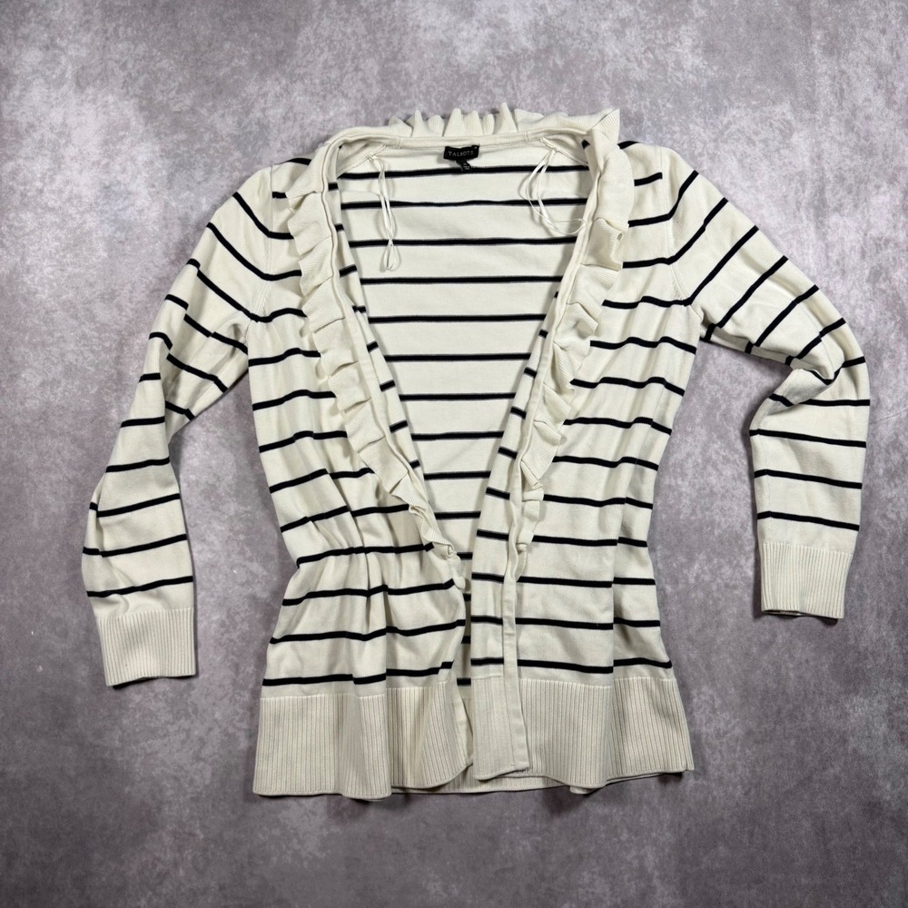 Talbots Cardigan Sweater Women M Ivory Navy Striped Ruffle Open Front Balletcore